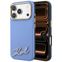 Husa iPhone 17 Pro Max Karl Lagerfeld Grained Leather Resin Sign Logo MagSafe, bleu, KLHMP18X6PWKSRSB