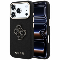 Husa originala Guess iPhone 17 Pro Grained Leather and Big Resin Logo, negru, GUHCP18L6PSS4RGK