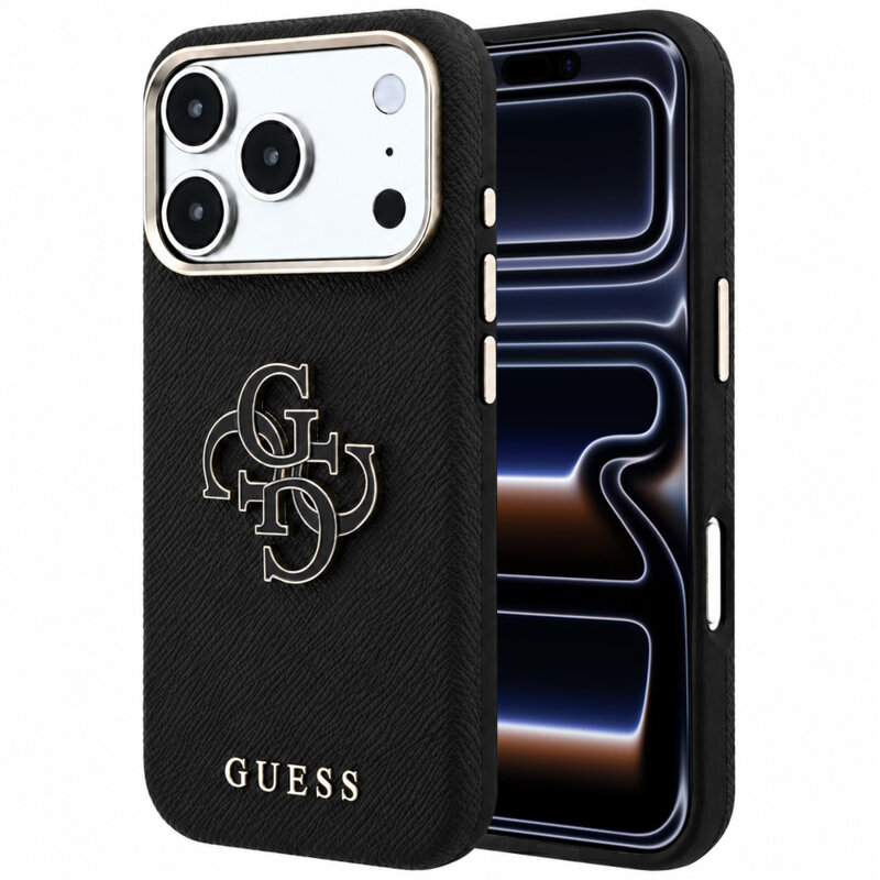 Husa originala Guess iPhone 17 Pro Grained Leather and Big Resin Logo, negru, GUHCP18L6PSS4RGK