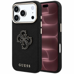 Husa originala Guess iPhone 18 Pro Max Grained Leather and Big Resin Logo, negru, GUHCP18X6PSS4RGK