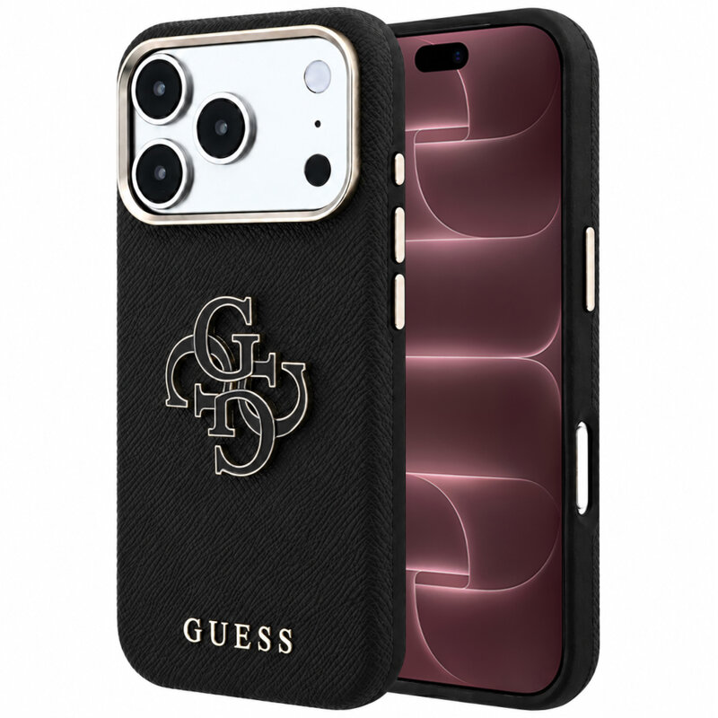 Husa originala Guess iPhone 18 Pro Max Grained Leather and Big Resin Logo, negru, GUHCP18X6PSS4RGK