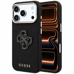 Husa originala Guess iPhone 17 Pro Max Grained Leather and Big Resin Logo, negru, GUHCP18X6PSS4RGK