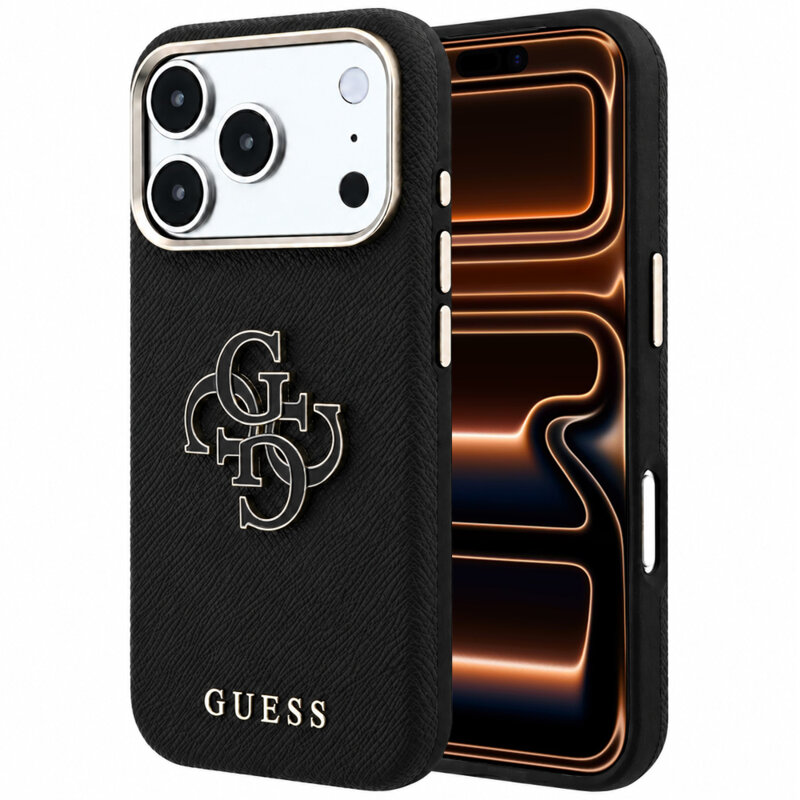 Husa originala Guess iPhone 17 Pro Max Grained Leather and Big Resin Logo, negru, GUHCP18X6PSS4RGK