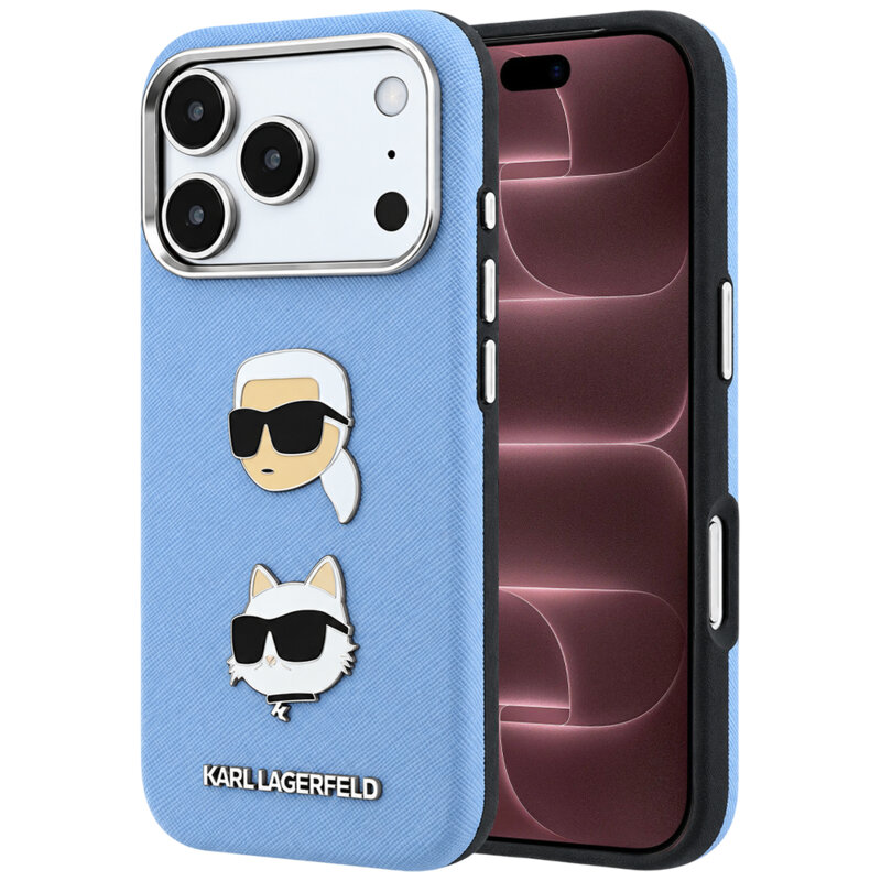 Husa originala iPhone 18 Pro Max Karl Lagerfeld Saffiano with K&C Heads Pins and Logo, albastru, KLHCP18XPSWFDHPB