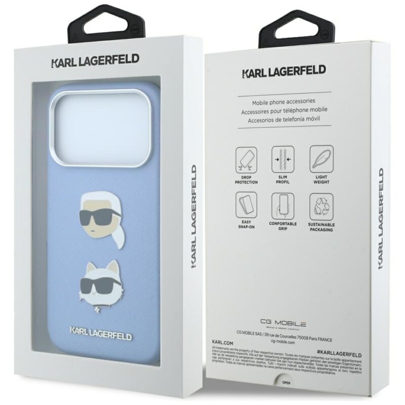 Husa originala iPhone 17 Pro Max Karl Lagerfeld Saffiano with K&C Heads Pins and Logo, albastru, KLHCP18XPSWFDHPB