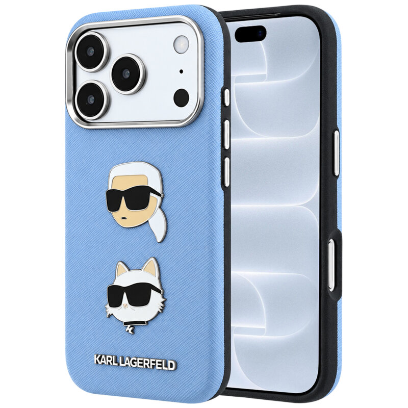 Husa originala iPhone 18 Pro Karl Lagerfeld Saffiano with K&C Heads Pins and Logo, bleu, KLHCP18LPSWFDHPB