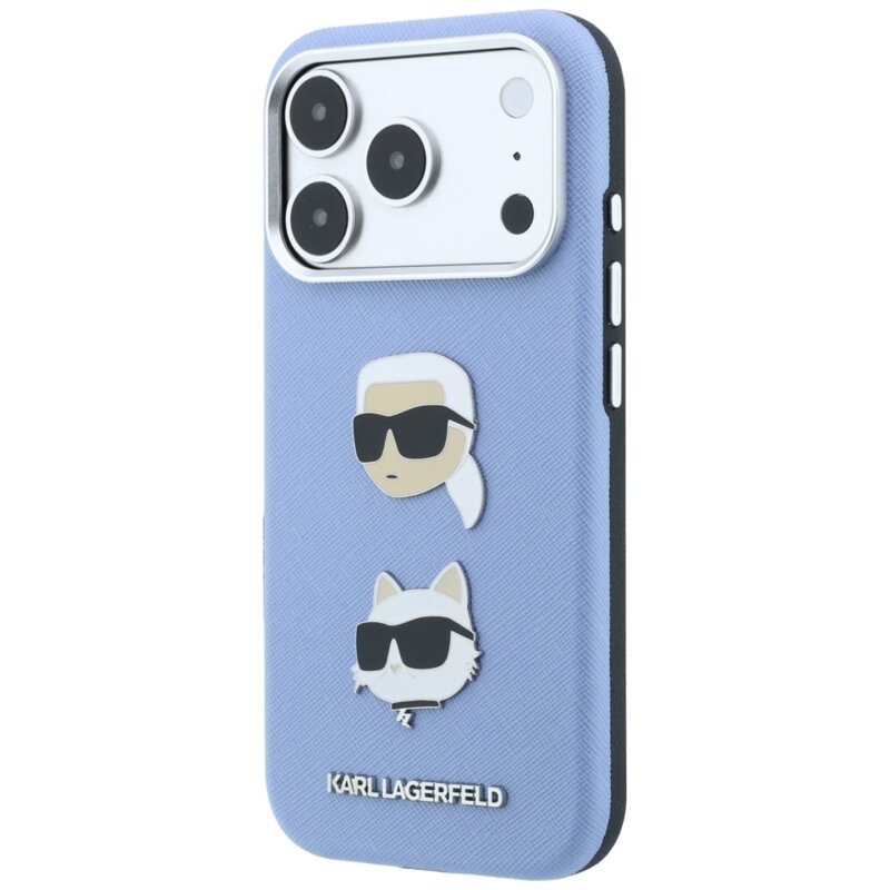 Husa originala iPhone 18 Pro Karl Lagerfeld Saffiano with K&C Heads Pins and Logo, bleu, KLHCP18LPSWFDHPB