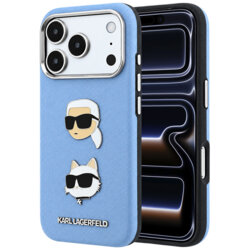 Husa originala iPhone 17 Pro Karl Lagerfeld Saffiano with K&C Heads Pins and Logo, bleu, KLHCP18LPSWFDHPB