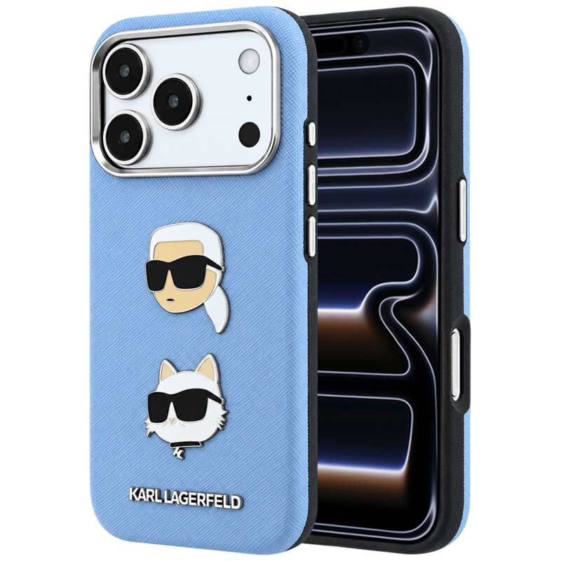 Husa originala iPhone 17 Pro Karl Lagerfeld Saffiano with K&C Heads Pins and Logo, bleu, KLHCP18LPSWFDHPB
