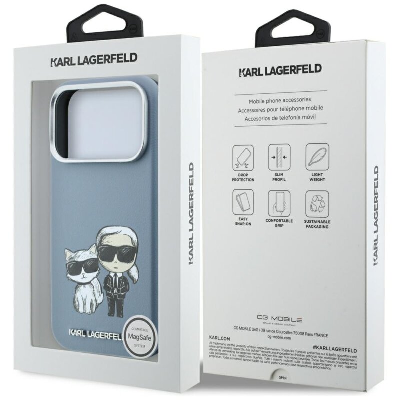 Husa iPhone 18 Pro Max Karl Lagerfeld Smooth Leather KC Bodies Sketch MagSafe, bleu, KLHMP18X6PWKCIDB