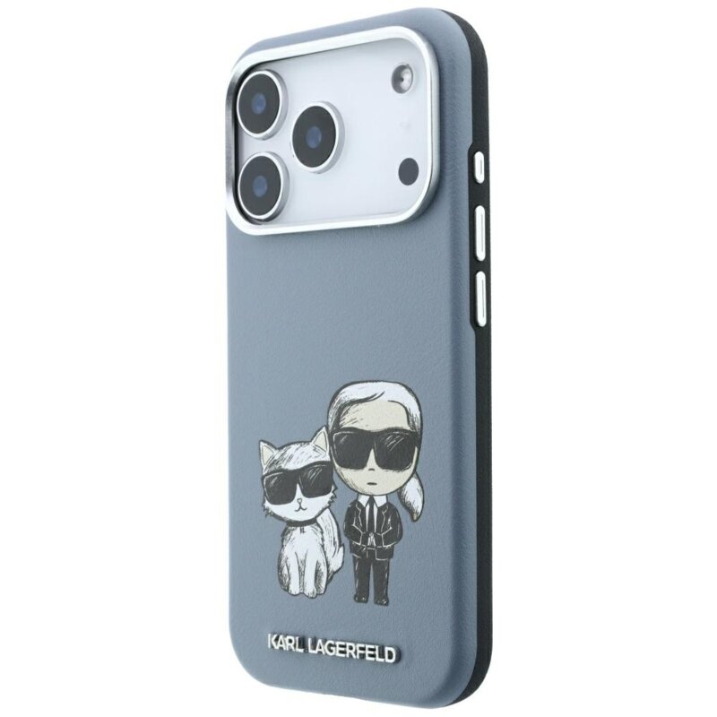 Husa iPhone 18 Pro Karl Lagerfeld Smooth Leather KC Bodies Sketch MagSafe, bleu, KLHMP18L6PWKCIDB