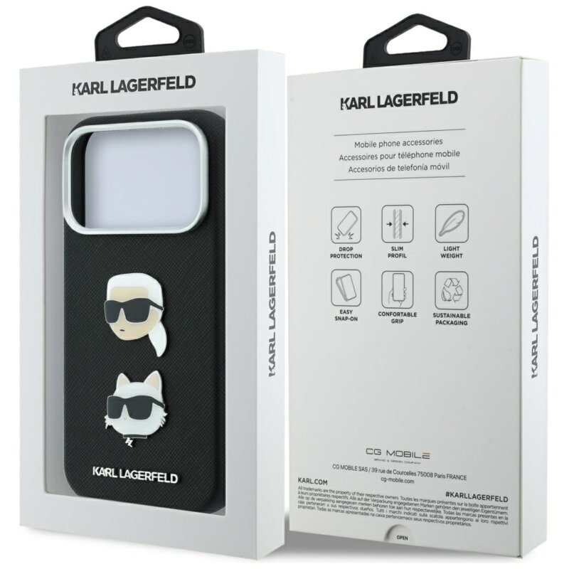 Husa originala iPhone 18 Pro Max Karl Lagerfeld Saffiano with K&C Heads Pins and Logo, negru, KLHCP18XPSWFDHPK