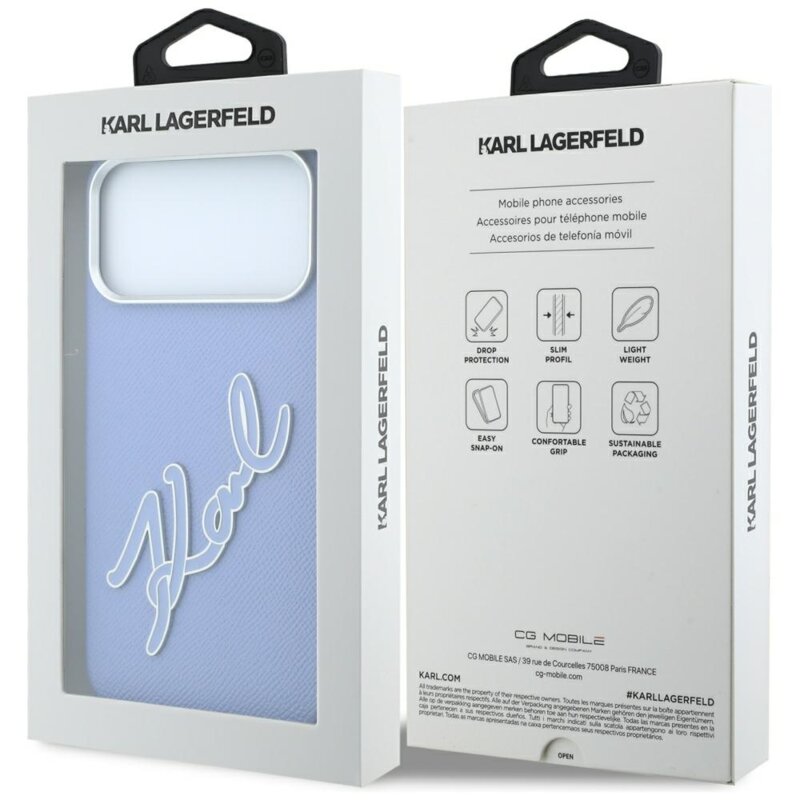 Husa iPhone 18 Pro Karl Lagerfeld Smooth Leather Big Resin Signature Logo, bleu, KLHCP18L6PFCKSRB