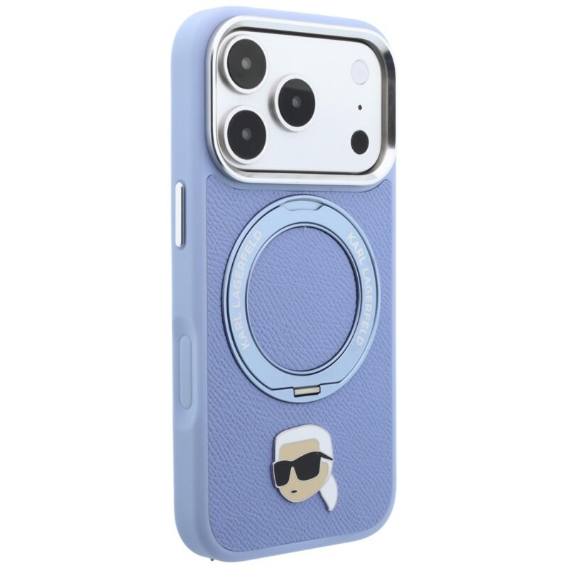 Husa iPhone 18 Pro Max Karl Lagerfeld Leather Ring Stand 360 K Head Pin MagSafe, bleu, KLHMP18XPSRSKLHB