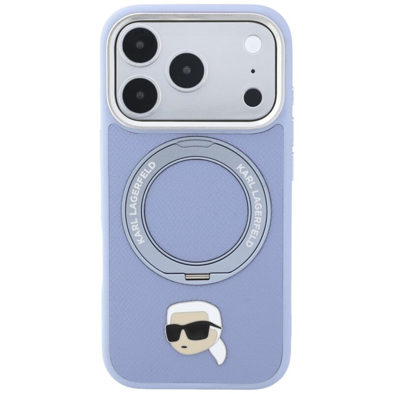 Husa iPhone 18 Pro Max Karl Lagerfeld Leather Ring Stand 360 K Head Pin MagSafe, bleu, KLHMP18XPSRSKLHB