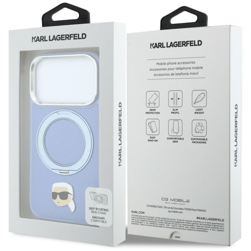 Husa iPhone 18 Pro Max Karl Lagerfeld Leather Ring Stand 360 K Head Pin MagSafe, bleu, KLHMP18XPSRSKLHB