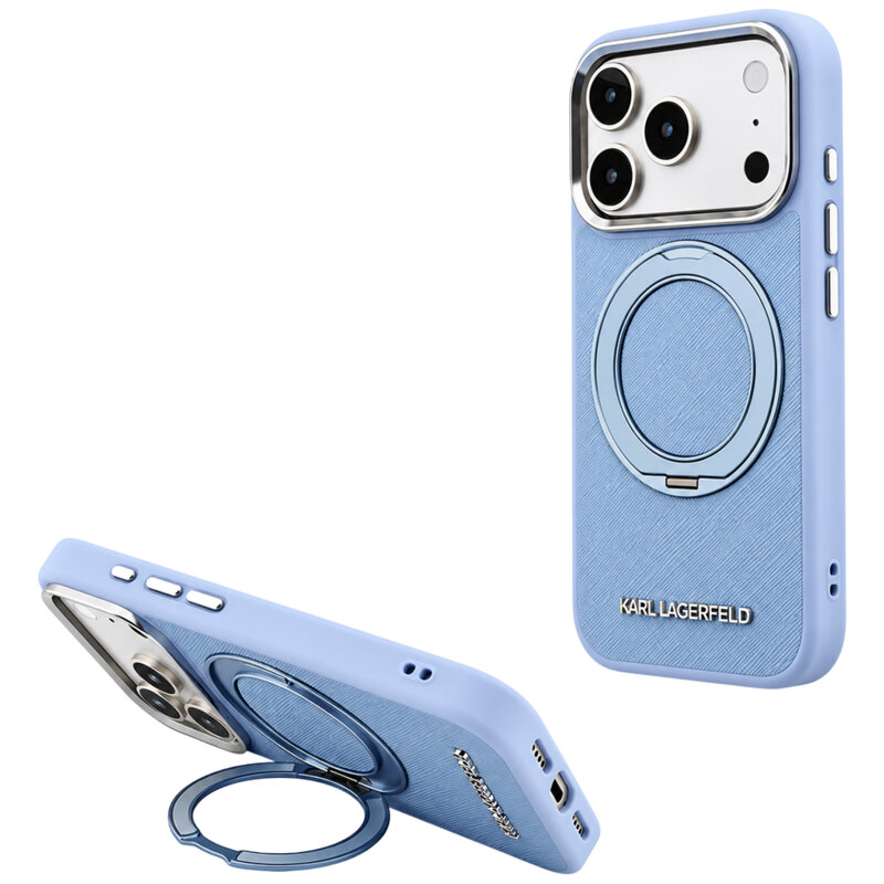 Husa originala iPhone 18 Pro Karl Lagerfeld Ring Stand 360 Saffiano MagSafe, bleu, KLHMP18L6PSARSKMB