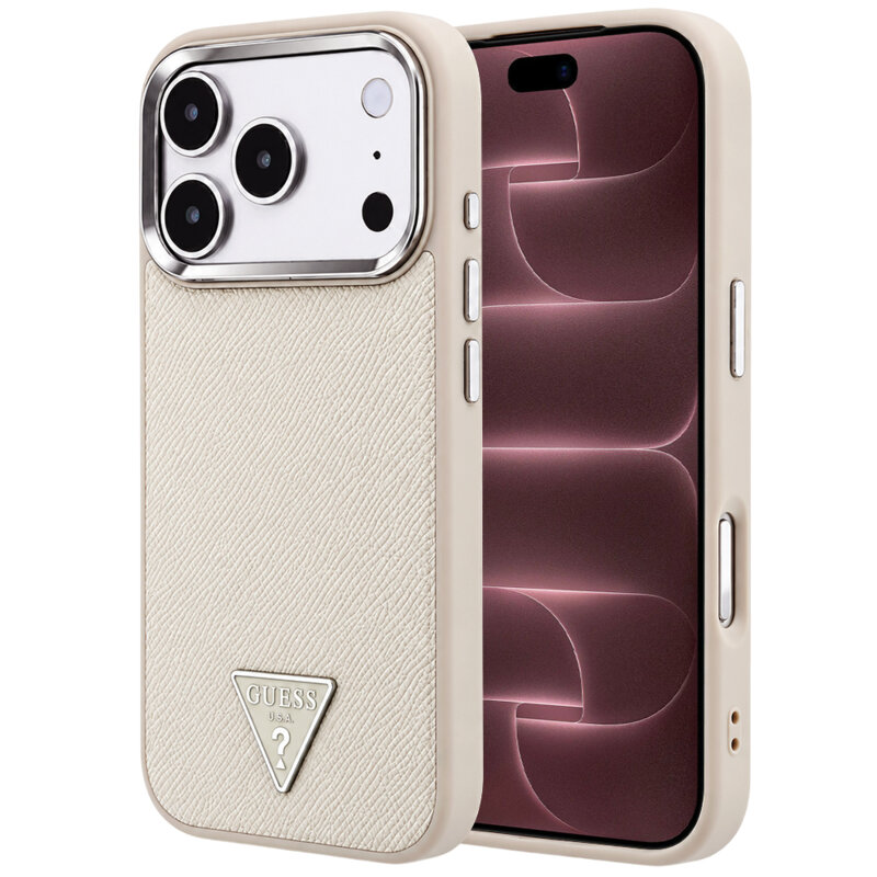 Husa originala Guess iPhone 18 Pro Max Grained Triangle Logo MagSafe, bej, GUHMP18XPGSMTLSE