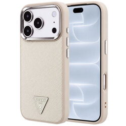 Husa originala Guess iPhone 18 Pro Grained Triangle Logo MagSafe, bej, GUHMP18LPGSMTLSE