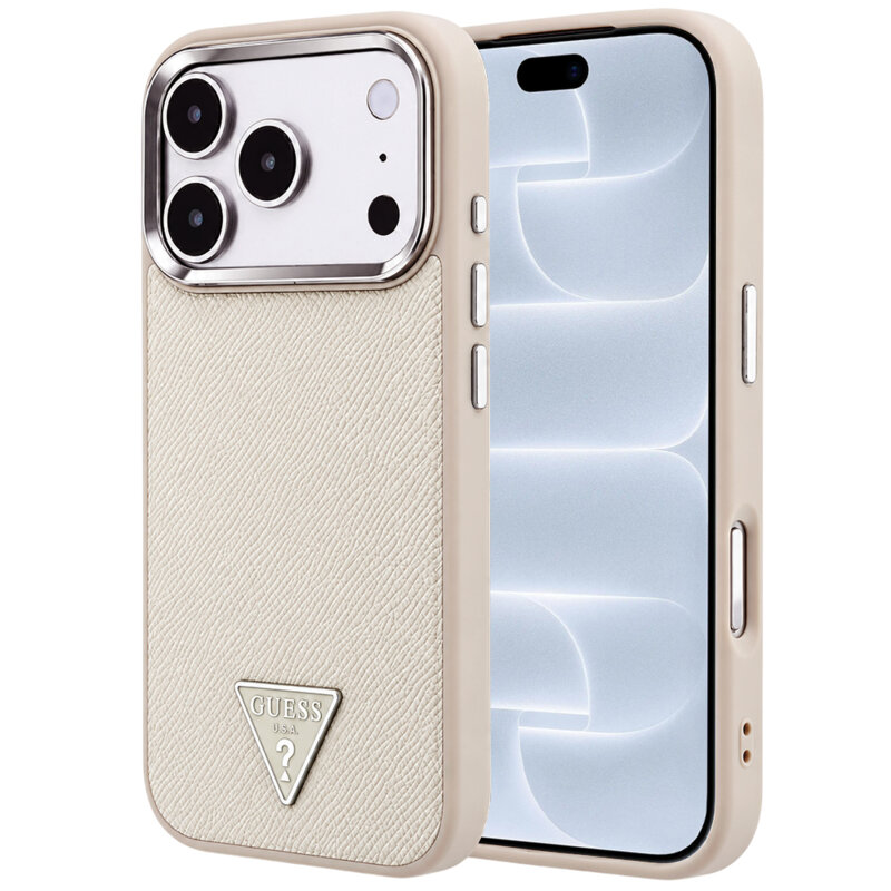 Husa originala Guess iPhone 18 Pro Grained Triangle Logo MagSafe, bej, GUHMP18LPGSMTLSE