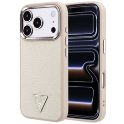 Husa originala Guess iPhone 17 Pro Grained Triangle Logo MagSafe, bej, GUHMP18LPGSMTLSE