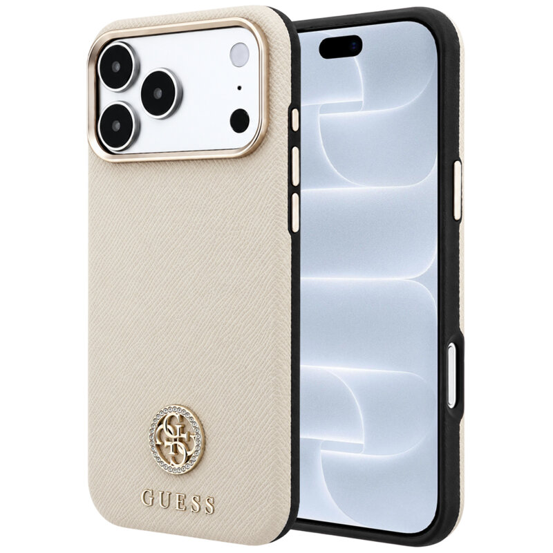 Husa originala Guess iPhone 18 Pro Grained Leather Round Strass Logo MagSafe, bej, GUHMP18L6PSRMDEE