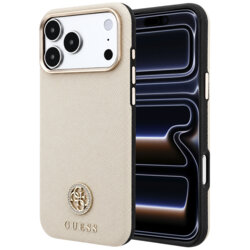 Husa originala Guess iPhone 17 Pro Grained Leather Round Strass Logo MagSafe, bej, GUHMP18L6PSRMDEE