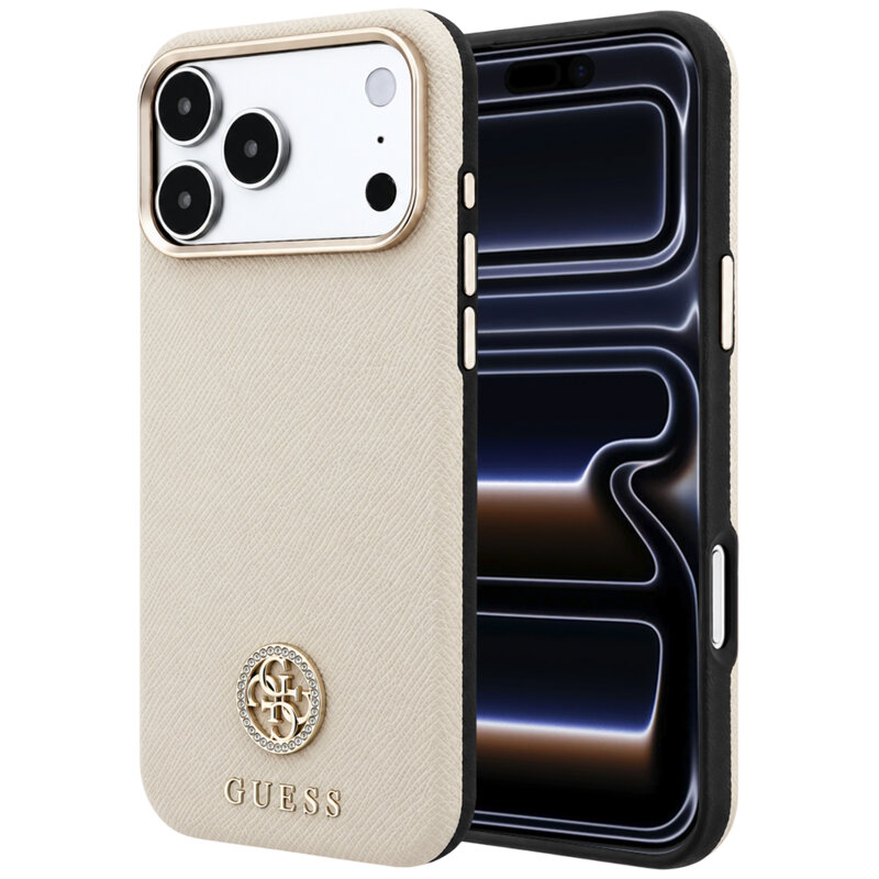 Husa originala Guess iPhone 17 Pro Grained Leather Round Strass Logo MagSafe, bej, GUHMP18L6PSRMDEE