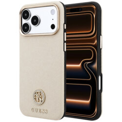 Husa originala Guess iPhone 17 Pro Max Grained Leather Round Strass Logo MagSafe, bej, GUHMP18X6PSRMDEE