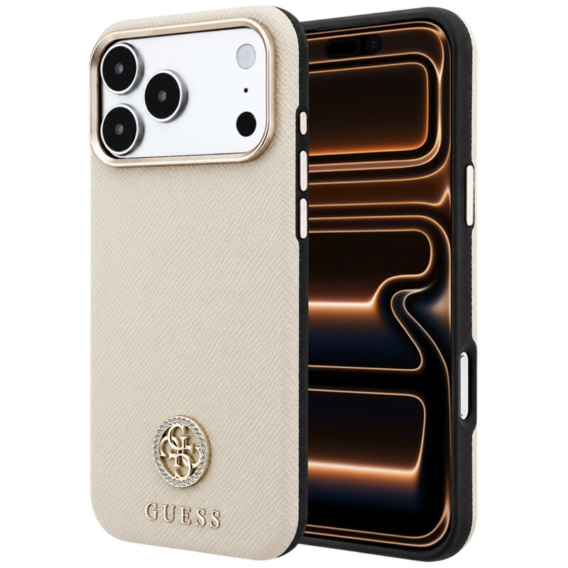 Husa originala Guess iPhone 17 Pro Max Grained Leather Round Strass Logo MagSafe, bej, GUHMP18X6PSRMDEE