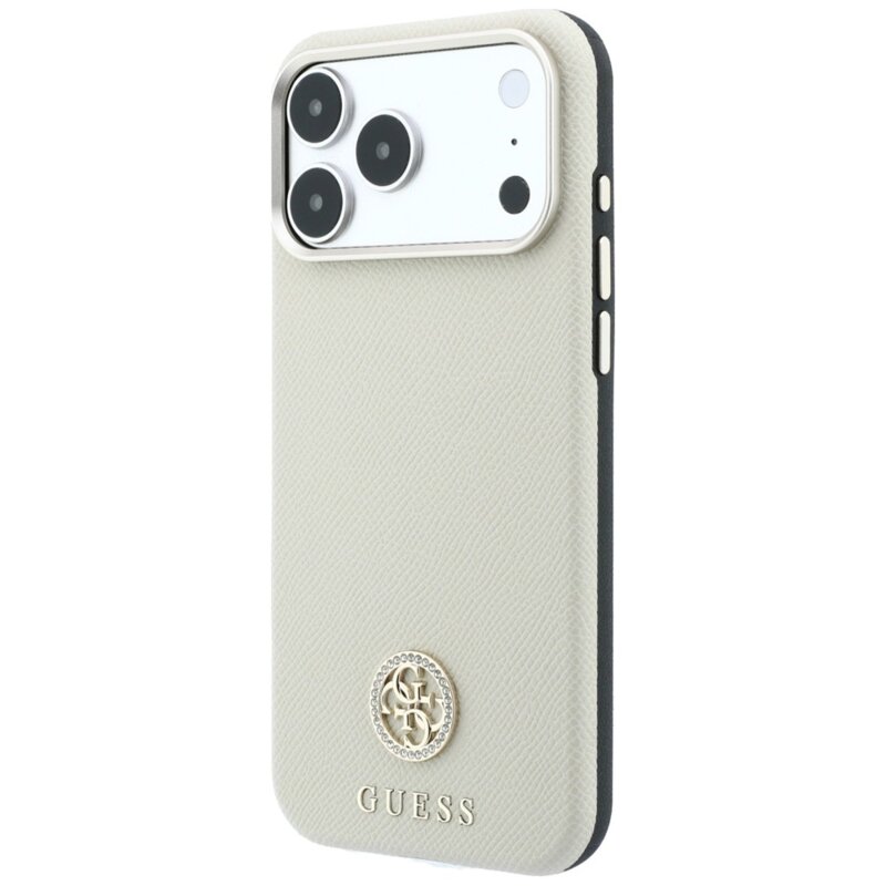 Husa originala Guess iPhone 17 Pro Max Grained Leather Round Strass Logo MagSafe, bej, GUHMP18X6PSRMDEE