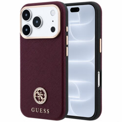 Husa originala Guess iPhone 18 Pro Grained Leather Round Strass Logo MagSafe, bordo, GUHMP18L6PSRMDEU