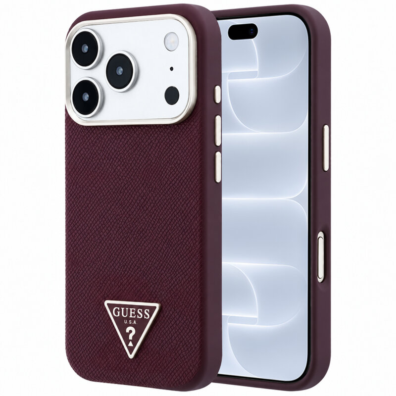 Husa originala Guess iPhone 18 Pro Grained Triangle Logo MagSafe, bordo, GUHMP18LPGSMTLSU