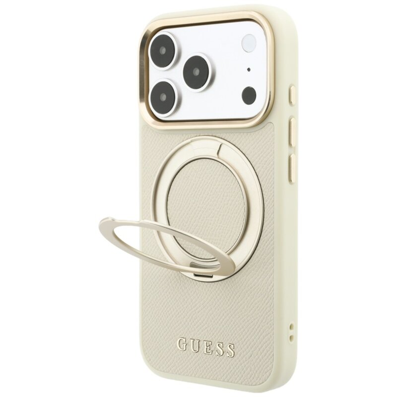Husa iPhone 18 Pro Guess Grained Leather Ring Stand 360 Classic Logo MagSafe, bej, GUHMP18L6PSGRSCLE