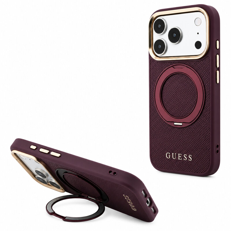 Husa iPhone 18 Pro Max Guess Grained Leather Ring Stand 360 Classic MagSafe, bordo, GUHMP18X6PSGRSCLU