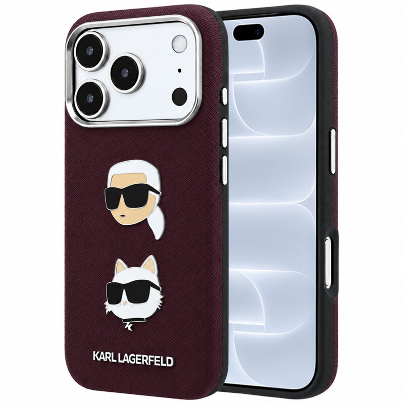 Husa originala iPhone 18 Pro Karl Lagerfeld Saffiano with K&C Heads Pins and Logo, bordo, KLHCP18LPSWFDHPR