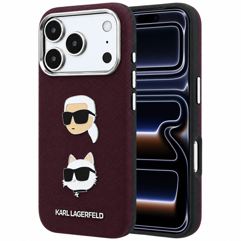 Husa originala iPhone 17 Pro Karl Lagerfeld Saffiano with K&C Heads Pins and Logo, bordo, KLHCP18LPSWFDHPR