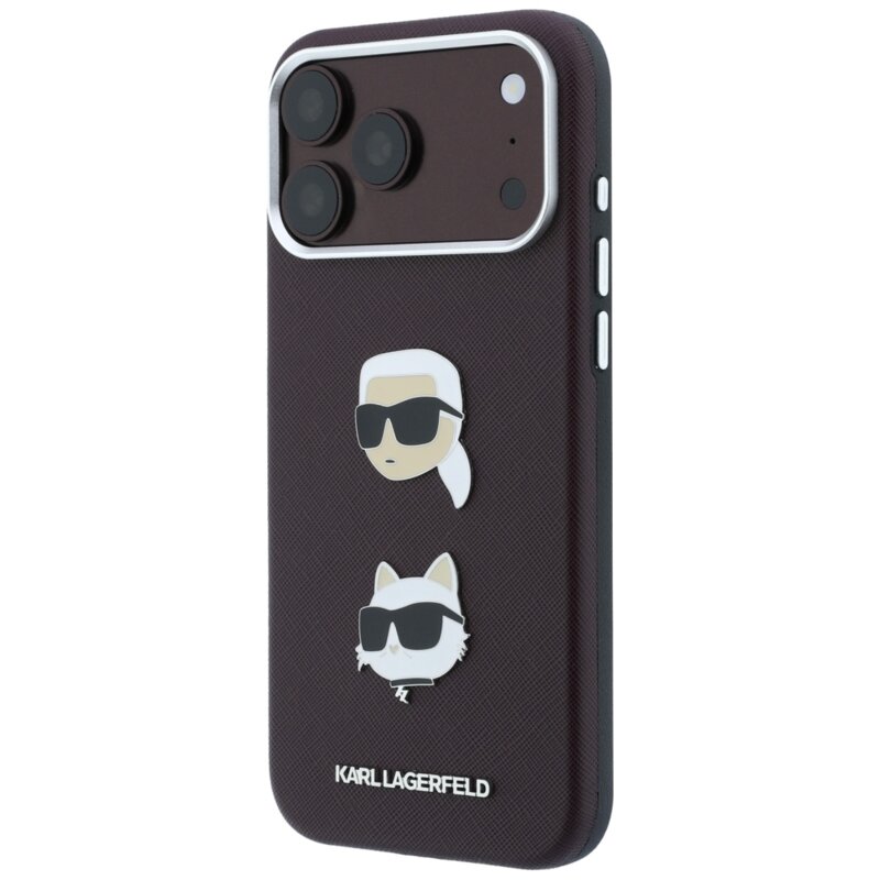 Husa originala iPhone 17 Pro Karl Lagerfeld Saffiano with K&C Heads Pins and Logo, bordo, KLHCP18LPSWFDHPR