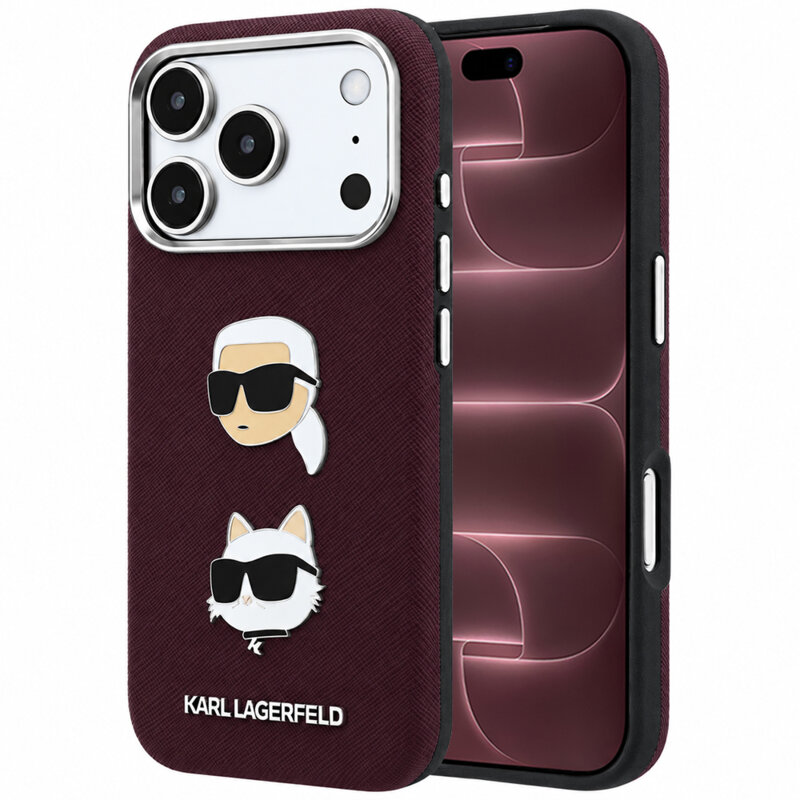 Husa originala iPhone 18 Pro Max Karl Lagerfeld Saffiano with K&C Heads Pins and Logo, bordo, KLHCP18XPSWFDHPR
