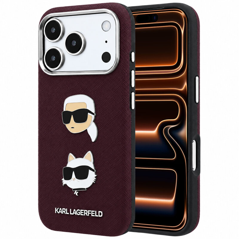 Husa originala iPhone 17 Pro Max Karl Lagerfeld Saffiano with K&C Heads Pins and Logo, bordo, KLHCP18XPSWFDHPR