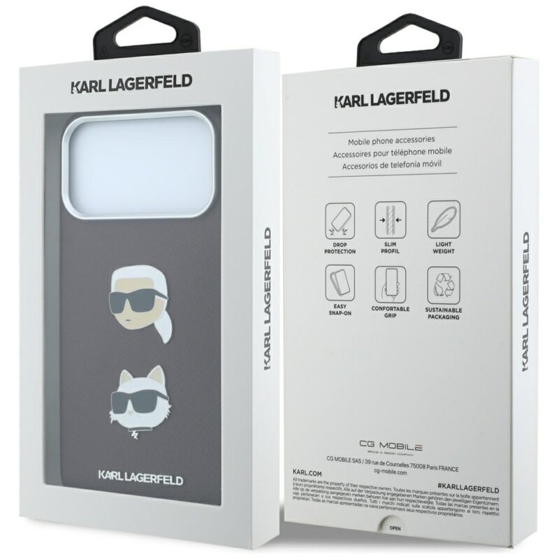 Husa originala iPhone 17 Pro Max Karl Lagerfeld Saffiano with K&C Heads Pins and Logo, bordo, KLHCP18XPSWFDHPR
