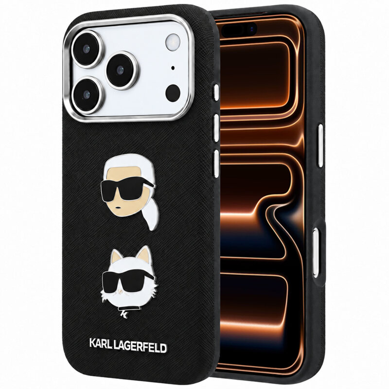 Husa originala iPhone 17 Pro Max Karl Lagerfeld Saffiano with K&C Heads Pins and Logo, negru, KLHCP18XPSWFDHPK