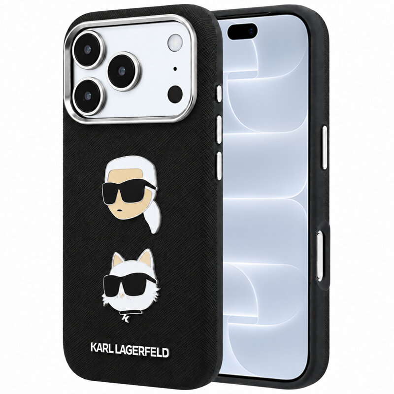 Husa originala iPhone 18 Pro Karl Lagerfeld Saffiano with K&C Heads Pins and Logo, negru, KLHCP18LPSWFDHPK