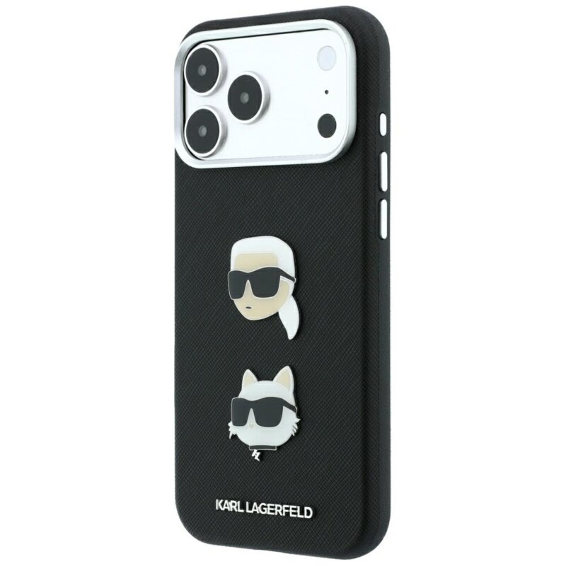 Husa originala iPhone 18 Pro Karl Lagerfeld Saffiano with K&C Heads Pins and Logo, negru, KLHCP18LPSWFDHPK