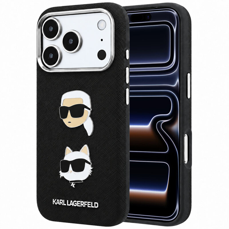 Husa originala iPhone 17 Pro Karl Lagerfeld Saffiano with K&C Heads Pins and Logo, negru, KLHCP18LPSWFDHPK