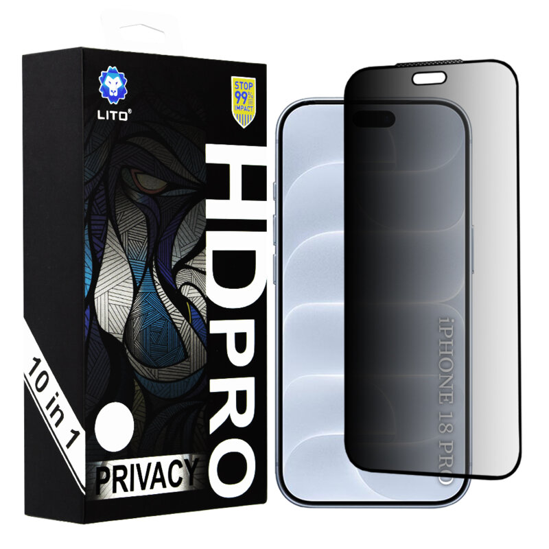 [Pachet 10x] Folie sticla iPhone 18 Pro Lito HD Pro Privacy, negru