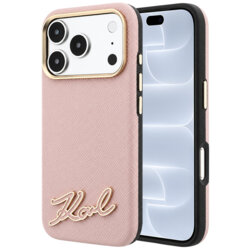Husa iPhone 18 Pro Karl Lagerfeld Grained Leather with Resin Sign Logo MagSafe, roz, KLHMP18L6PWKSRSP