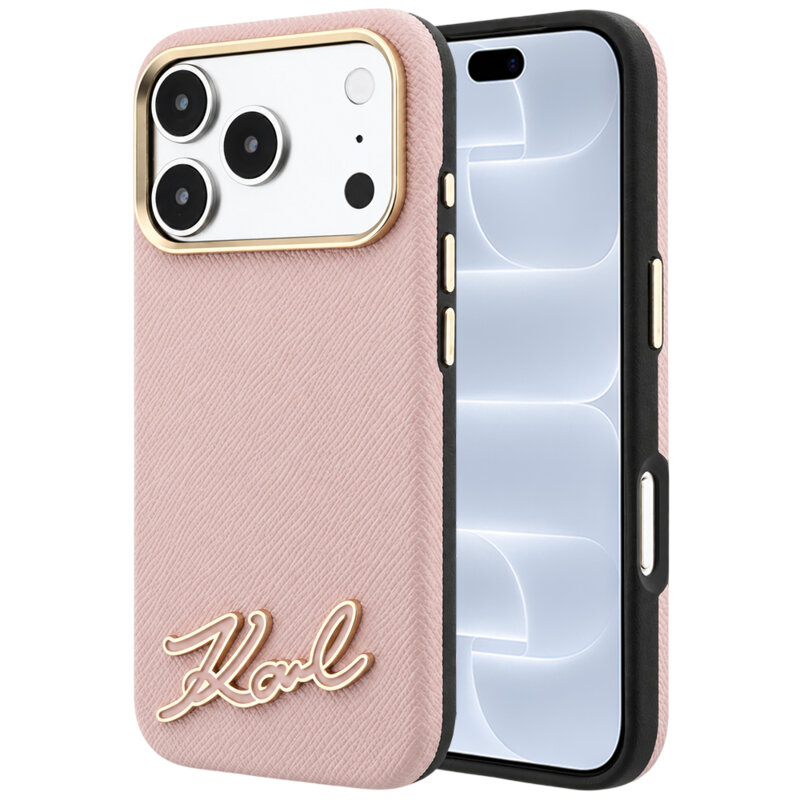 Husa iPhone 18 Pro Karl Lagerfeld Grained Leather with Resin Sign Logo MagSafe, roz, KLHMP18L6PWKSRSP
