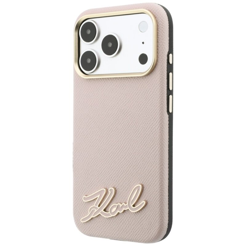 Husa iPhone 18 Pro Max Karl Lagerfeld Grained Leather Resin Sign Logo MagSafe, roz, KLHMP18X6PWKSRSP