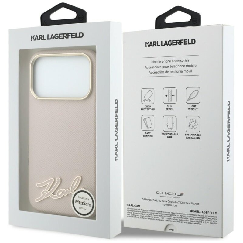 Husa iPhone 18 Pro Max Karl Lagerfeld Grained Leather Resin Sign Logo MagSafe, roz, KLHMP18X6PWKSRSP